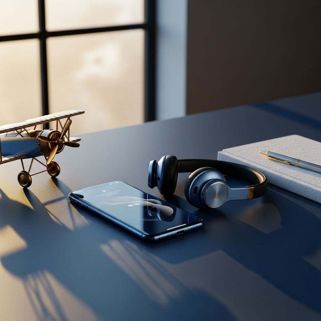 Bureau élégant avec téléphone et accessoires aviation