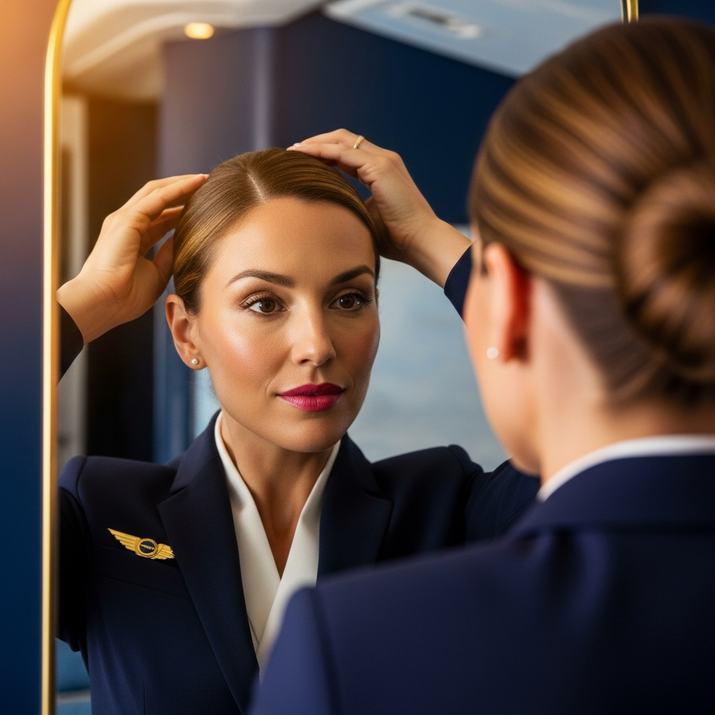Hôtesse de l'air ajustant son grooming devant un miroir