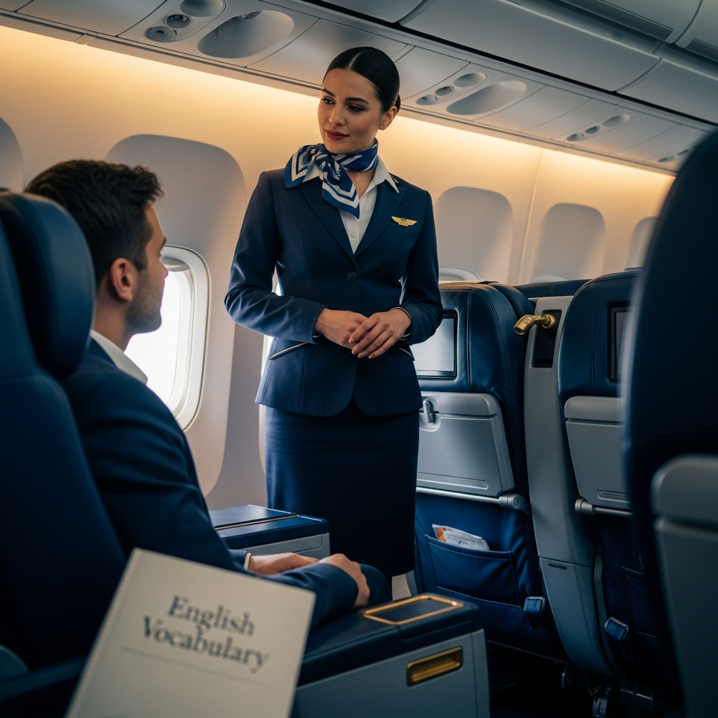 Hôtesse de l'air pratiquant l'anglais en cabine d'avion